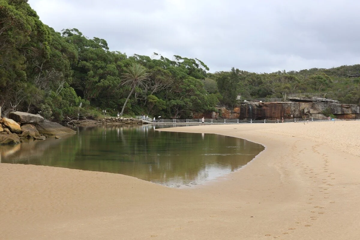 Wattamolla beach and lagoon with waterfall and footbridge visible, Royal National Park