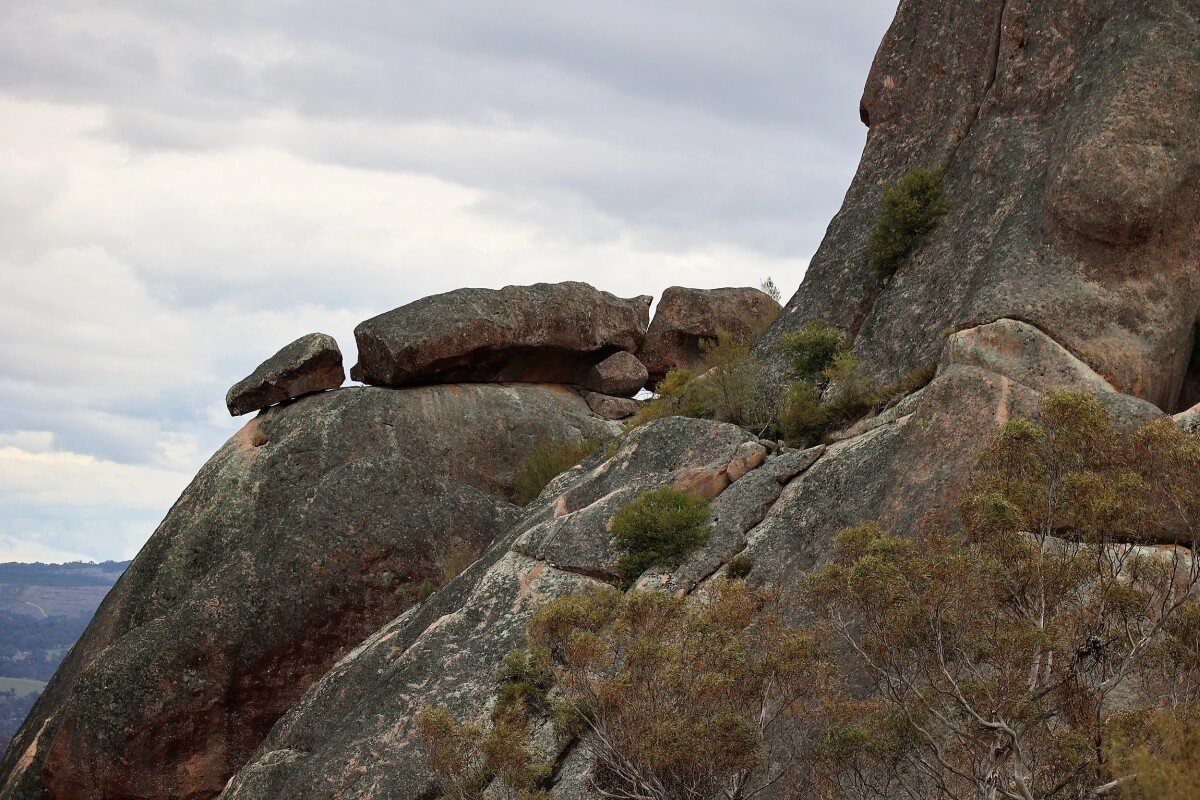 Close-up of balanced granite boulders at Evans Crown nature reserve, NSW
