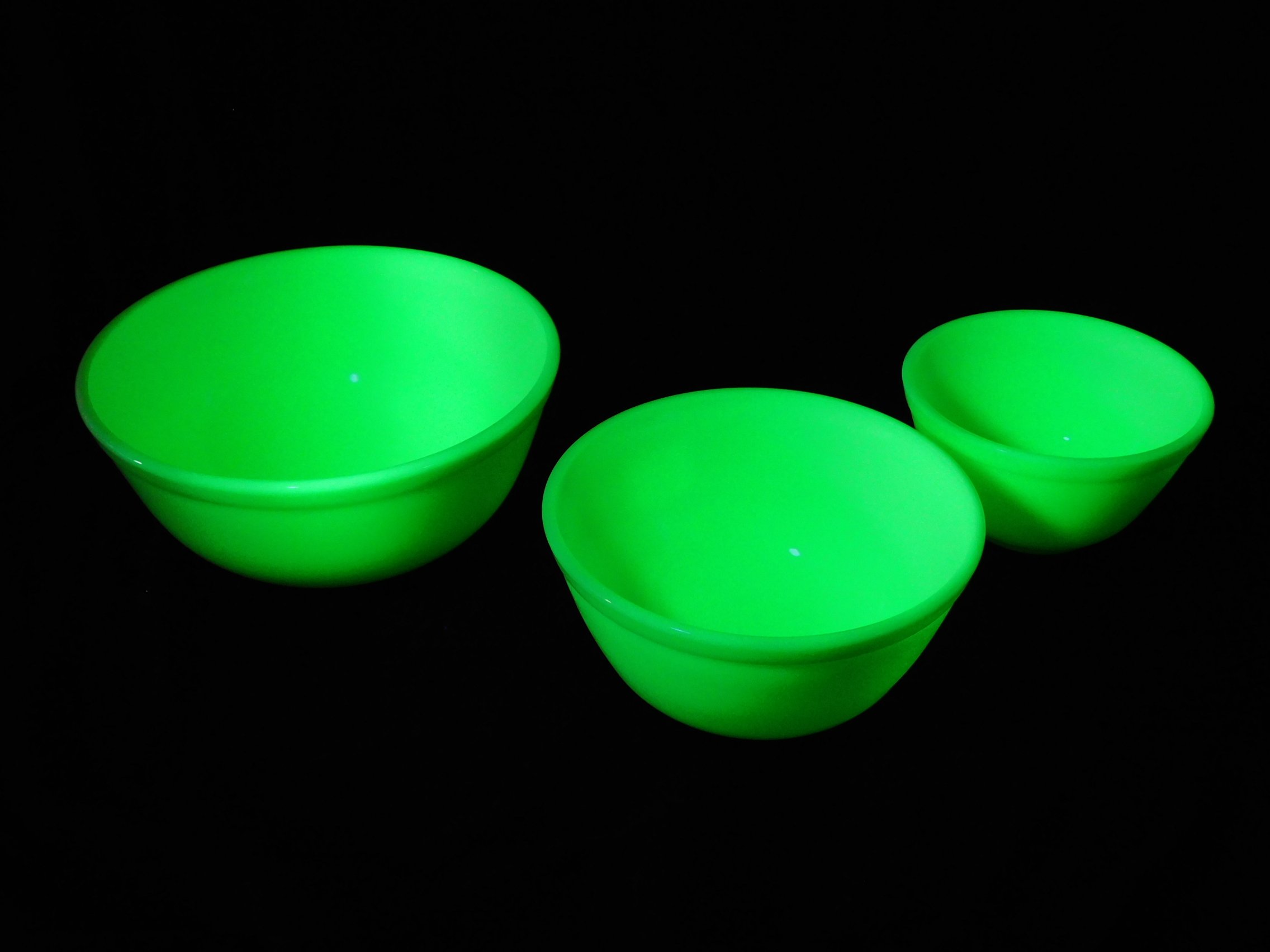 Mosser Buttercream Uranium Glass Bowls Under UV Light