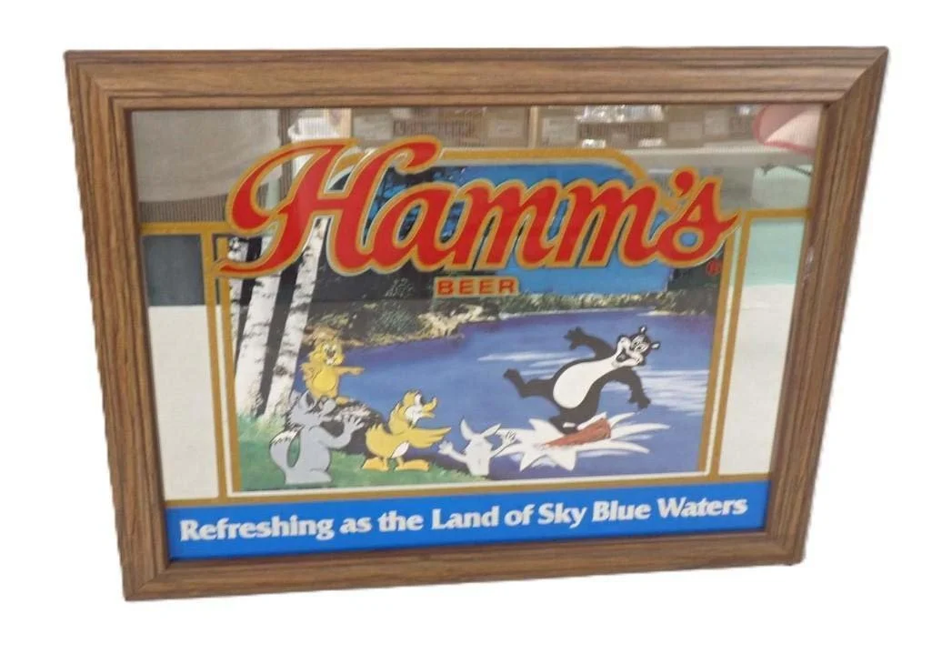 Hamm's Beer framed bar mirror featuring the Hamm's Bear and other woodland animals.