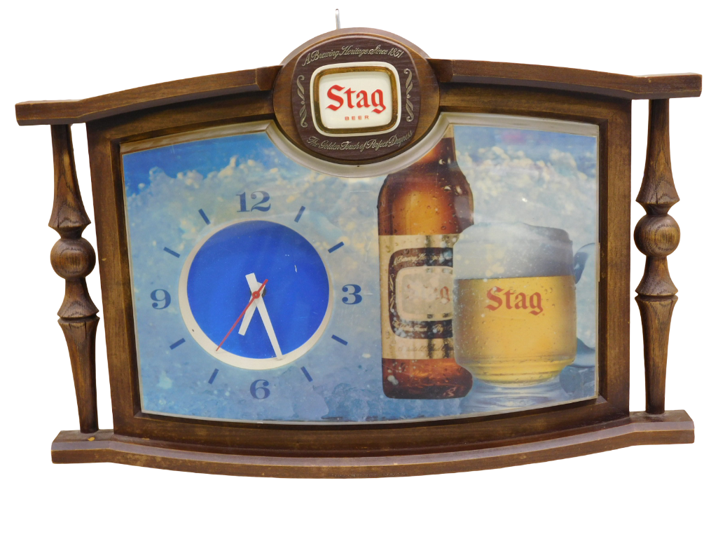 Vintage Stag Beer bar clock or sign featuring a mug and bottle of Stag beer on a blue background