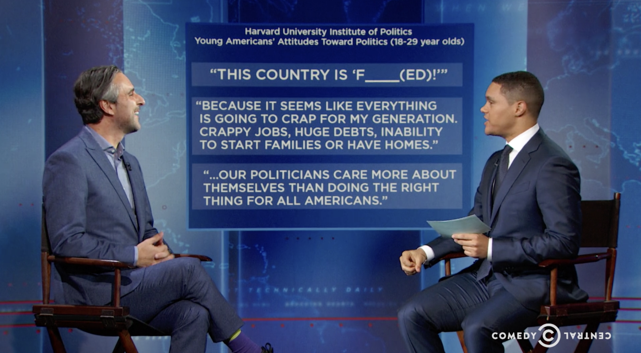 In 2016, before the election, John Della Volpe appears on The Daily Show with Trevor Noah, highlighting for the first time that young Americans express more fear than hope about America's future.