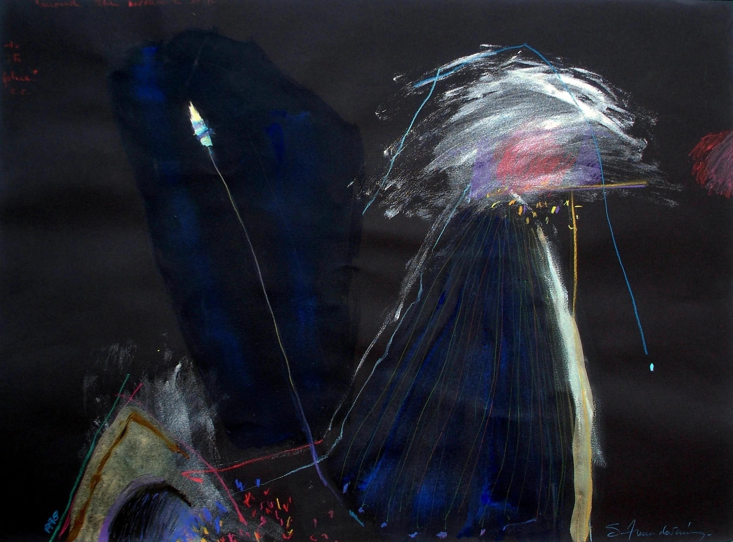 "Birdhouse: moved the birdhouse back to its place" (C. Ciavonne) Acrylic and collage on paper. 22 x 30 in. 1998
