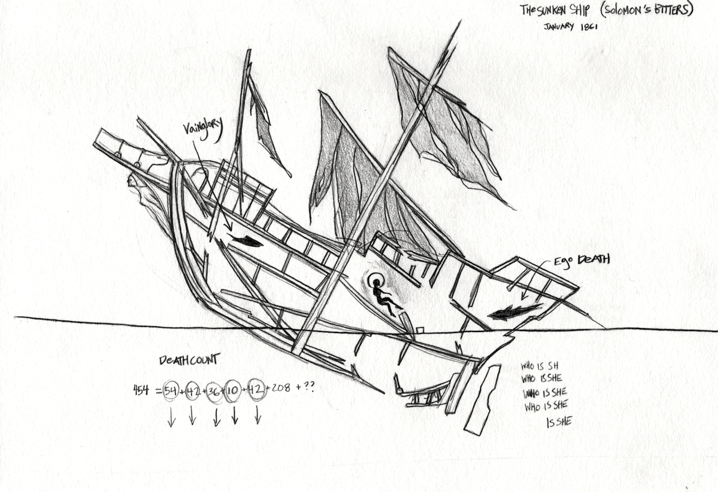 The Sunken Ship, graphite on paper.