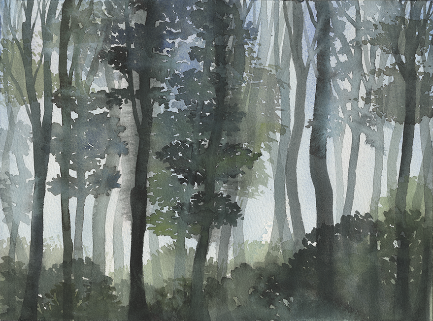 Composite Landscape IV (2018); 9” x 12”, watercolor on paper (Sold: Somerville, MA). References: Ithaca, NY; Shenandoah National Park, VA; Mount Davidson, CA.