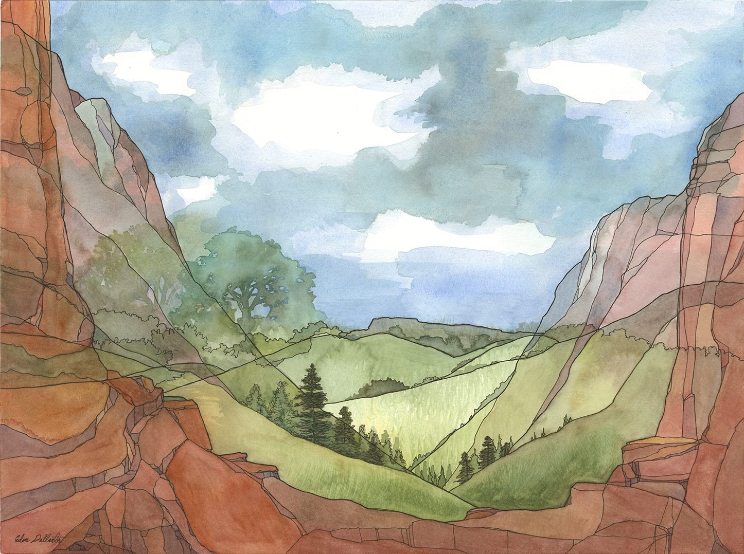 Composite Landscape V: Canyons. (2019) Ink and watercolor on paper.