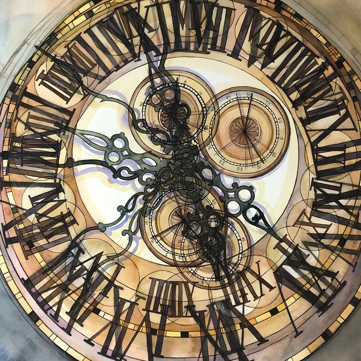 Clock VI, ink and watercolor on paper. 21 x 21 inches.