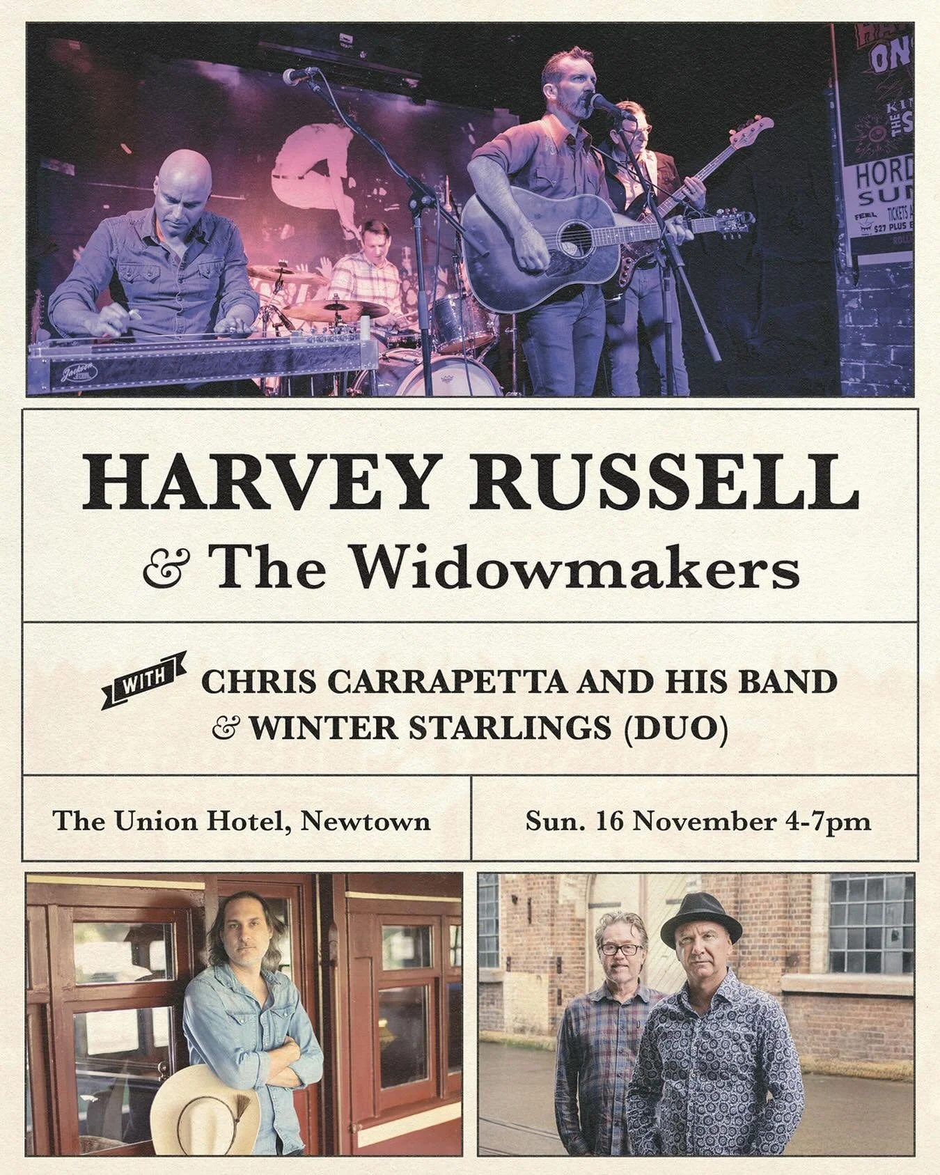 Gig alert: with all Widowmakers back on 🇦🇺 soil, we&rsquo;ll be back at the @unionhotelnewtown on Sunday 16 November for a huge afternoon of country / americana. Very fortunate to have @chriscarrapetta and his band plus @winterstarlings in duo mode