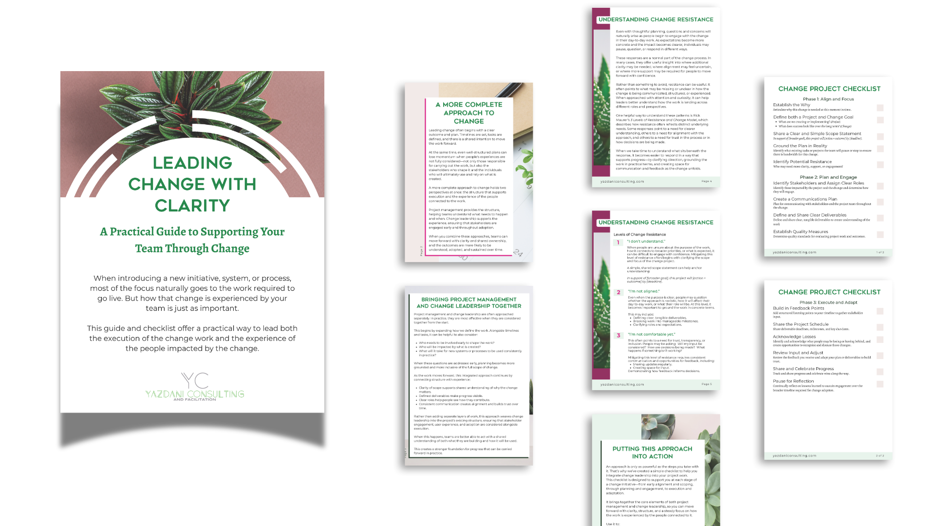 Preview of a green and white designed workbook titled “Leading Change with Clarity,” showing pages on integrating project management with change leadership, understanding resistance, and a practical change project checklist.