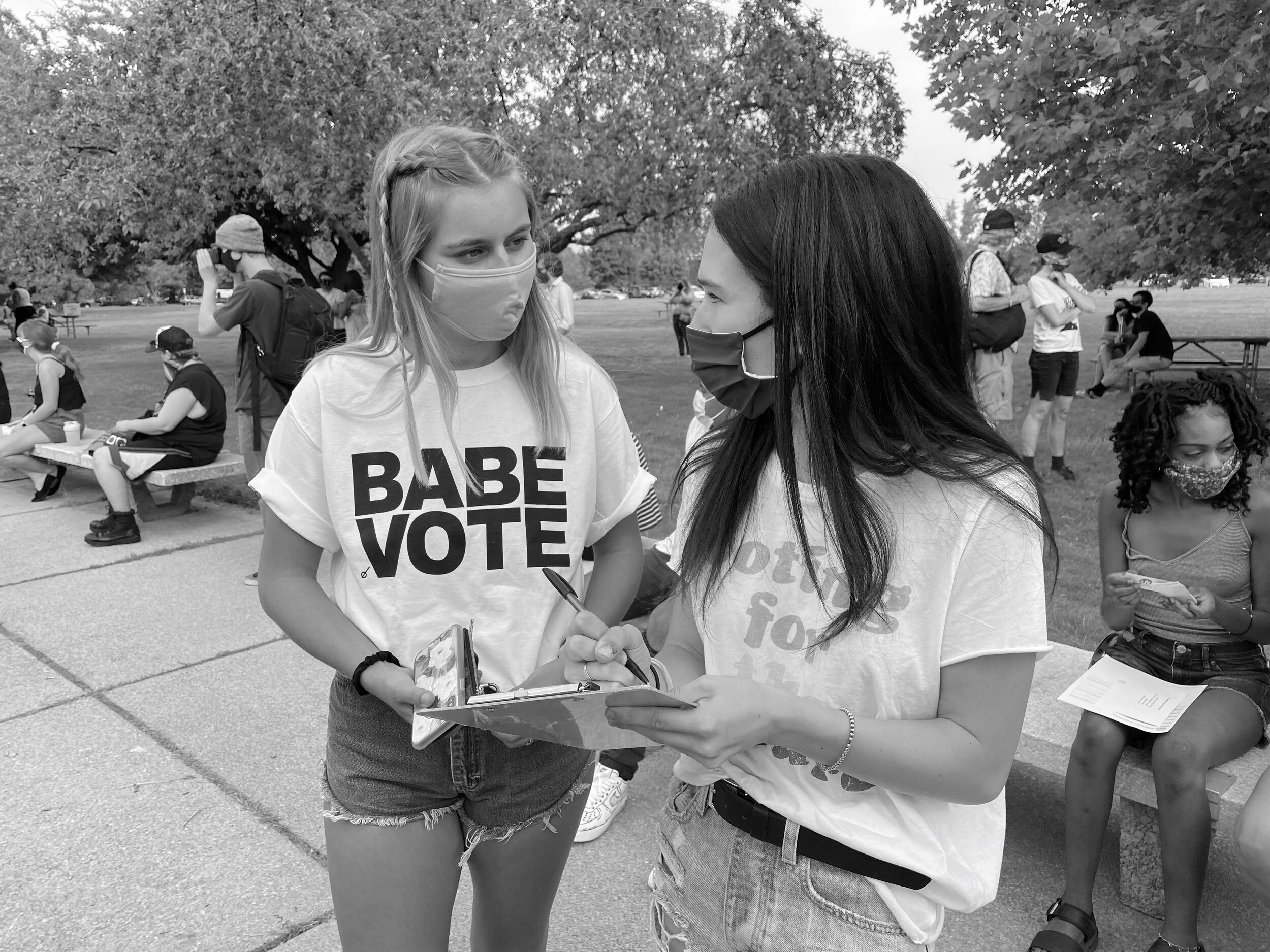 Register to vote & spread the word in your BABE VOTE T-shirt, available at https://www.babevote.org/shop 