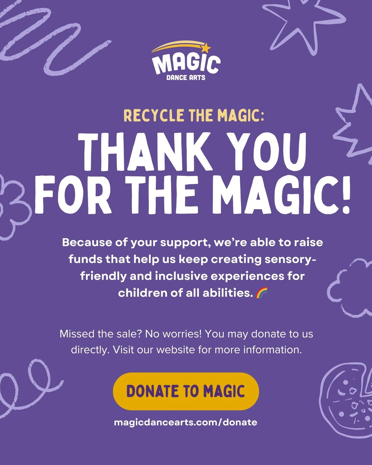 β¨ Thank you for the MAGIC! β¨
Because of your support, we’re able to raise funds that help us create more sensory-friendly and inclusive experiences for children of all abilities. ππ
Your generosity keeps the magic alive: one pre-loved item,