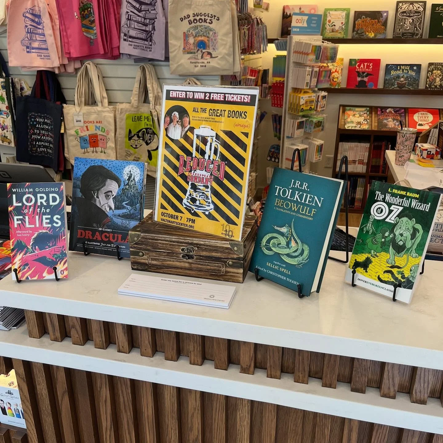 If you come in this week, make sure to put your name in the drawing for 2 tickets to All the Great Books showing at the @waltonartscenter on October 7th!

This play is described as English class meets Monty Python - and somehow touches on just about 