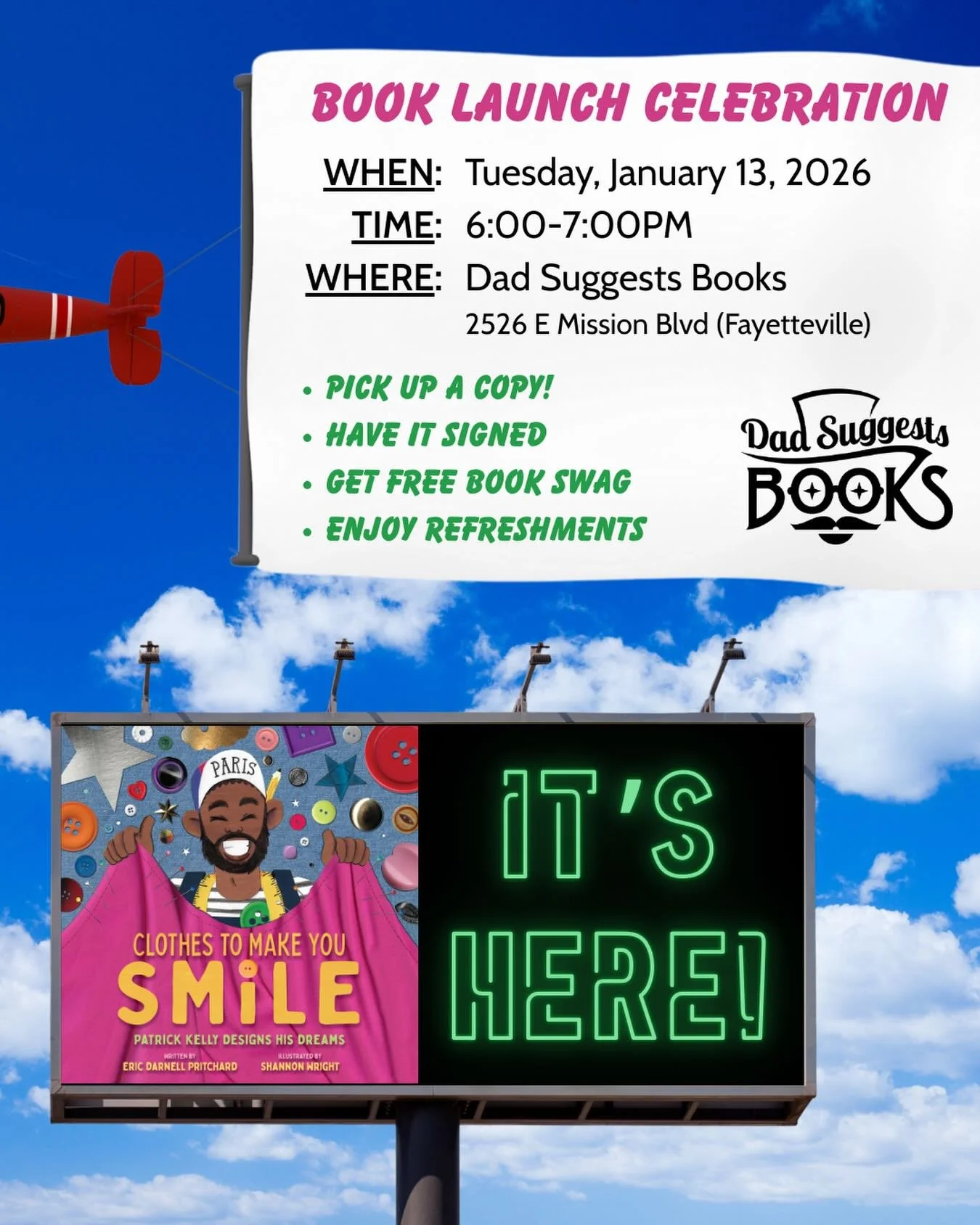 Mark your calendars for Tuesday, January 13th! We are celebrating the exciting launch of local author @ericdarnellpritchard &lsquo;s picture book Clothes to Make You Smile! - a picture book biography of Patrick Kelly from @abramskids 

Come to Dad Su