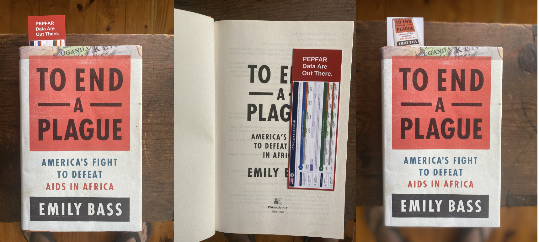 Three pictures of a hard cover book with a book mark. In two pictures, the book mark is sticking out. The top bit says: PEPFAR data are out there in one picture, and the other has an image of a book with some of the title crossed out.