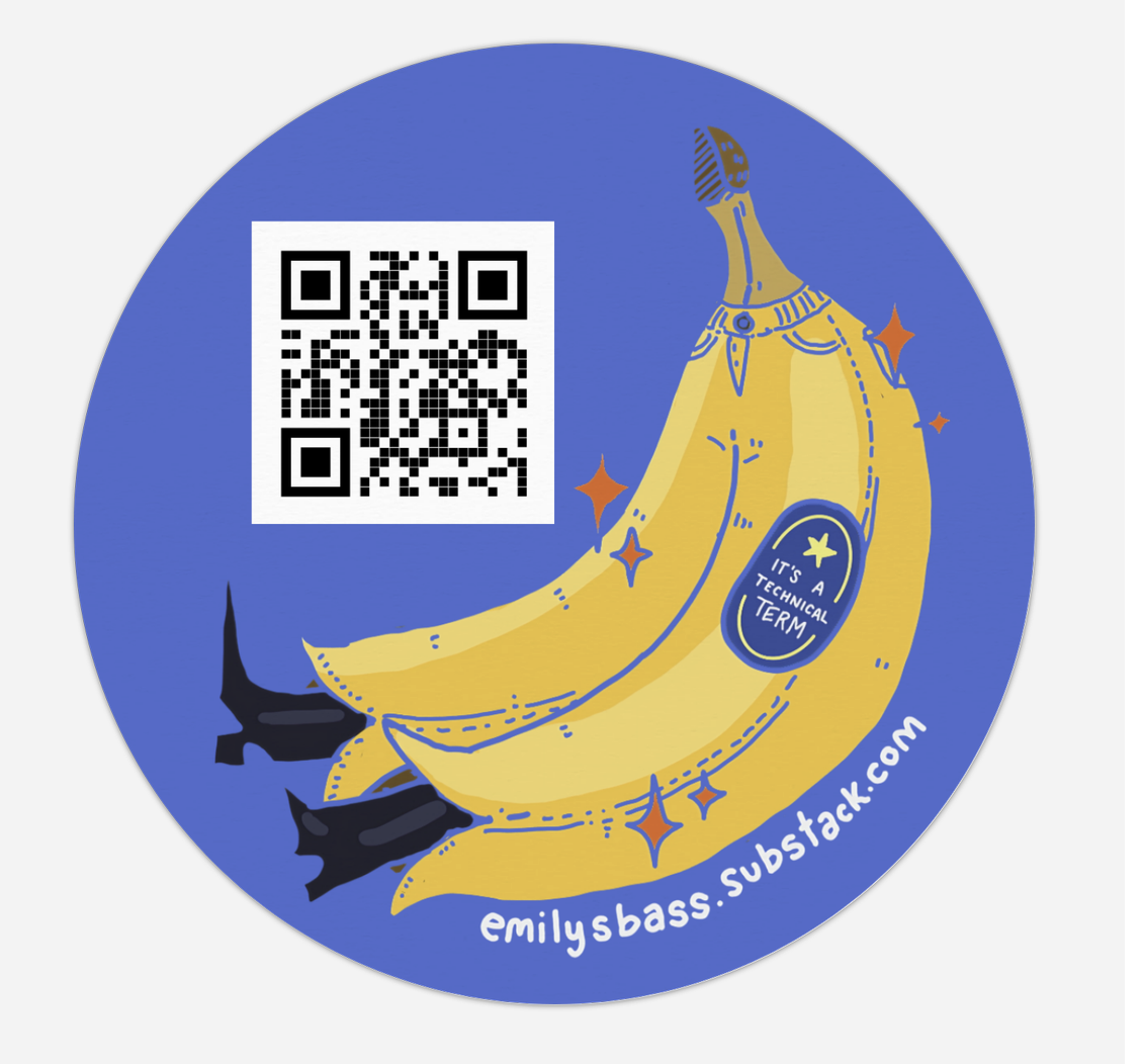 A pair of pants made out of yellow banana skins with black heeled boots sticking out and orange stars around them. There is a QR code and a url.