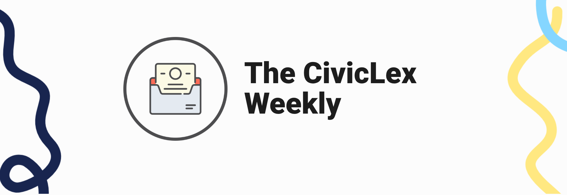 The CivicLex Weekly. An envelope with a piece of paper sticking out. Lines indicate writing. A circle log is at the top of the paper.