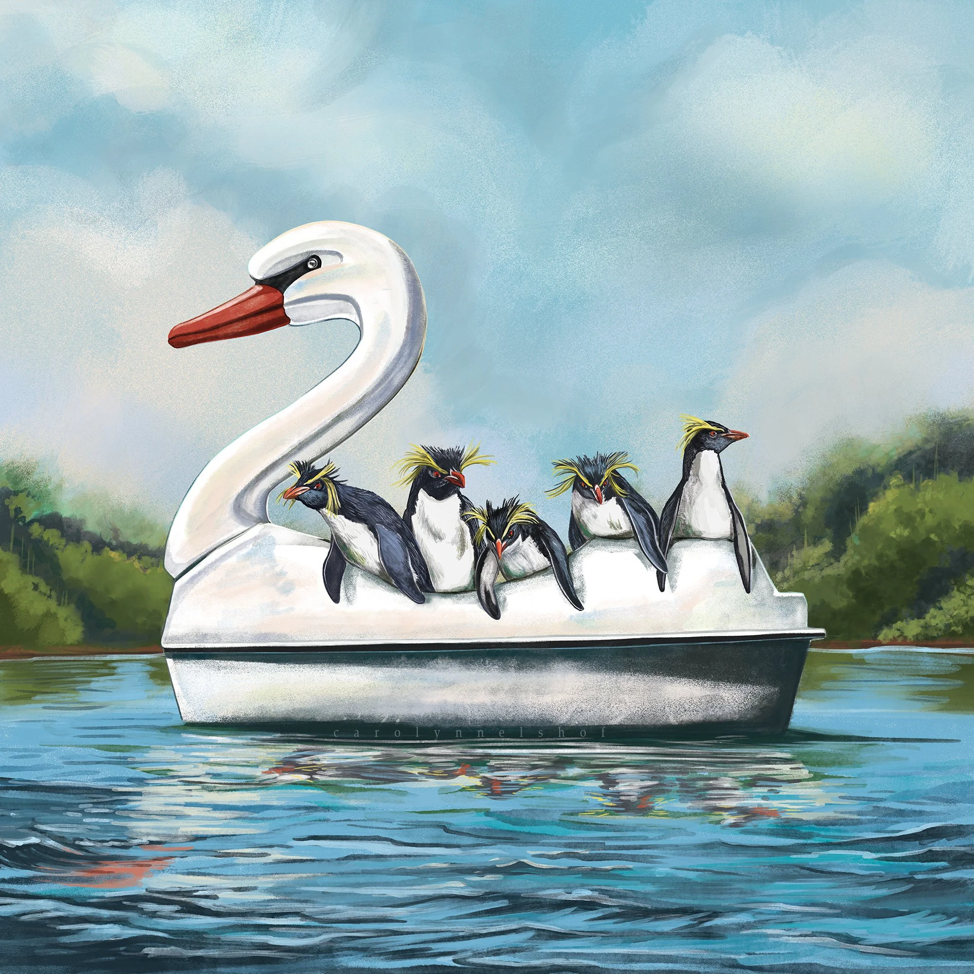 Penguins In Stupendous Vessel, 2021. Digital Painting, 22x22 inches.