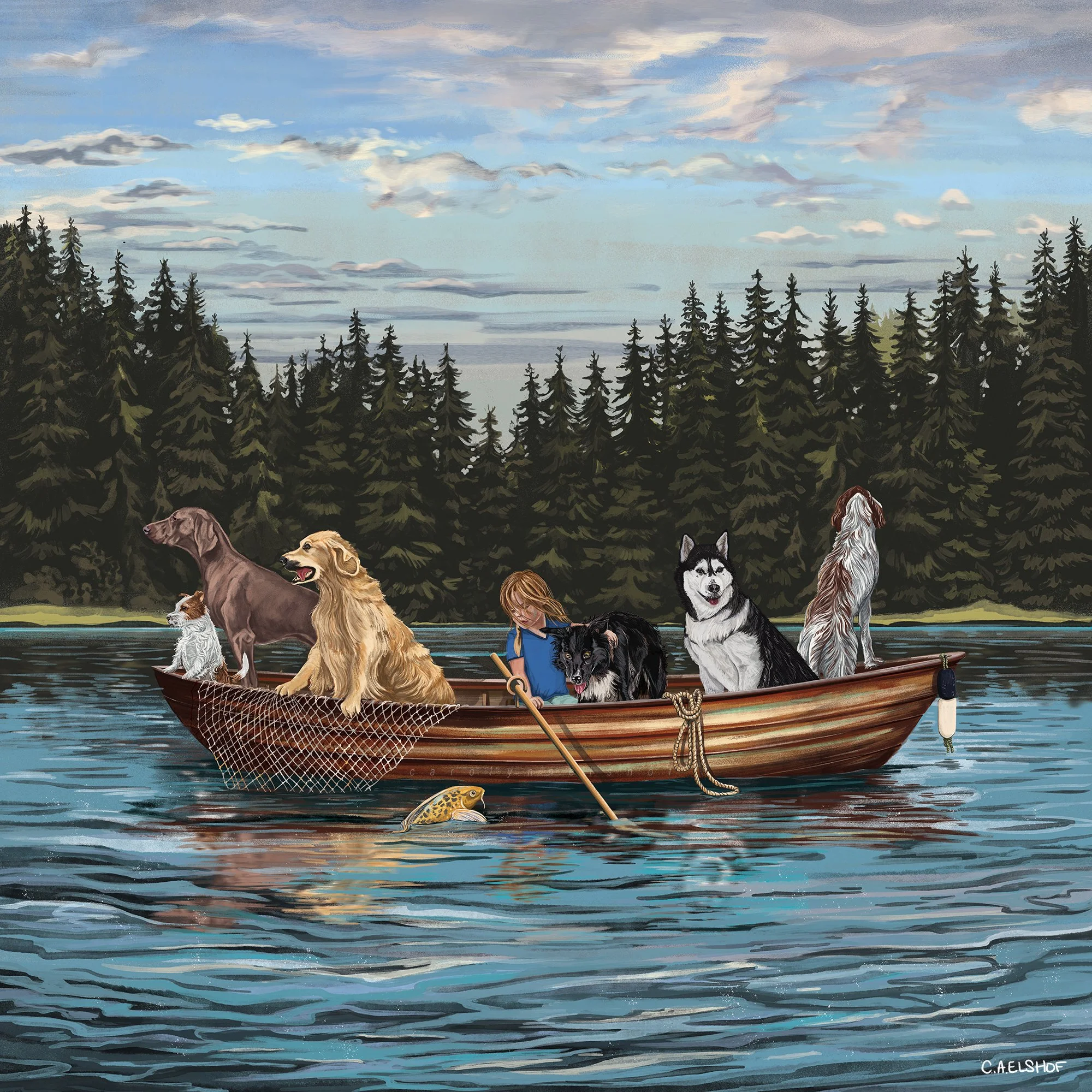 Girl With Dogs/Fishing, 2021. Digital Painting, 30x30 inches.
