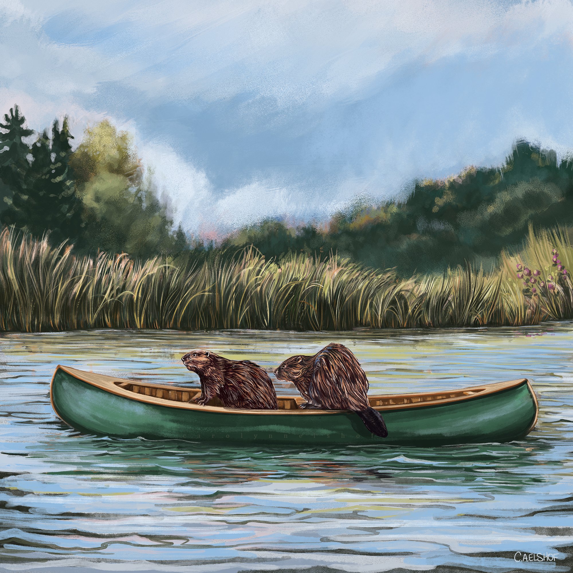 Beavers In Canoe, 2023. Digital Painting, 24x24 inches.