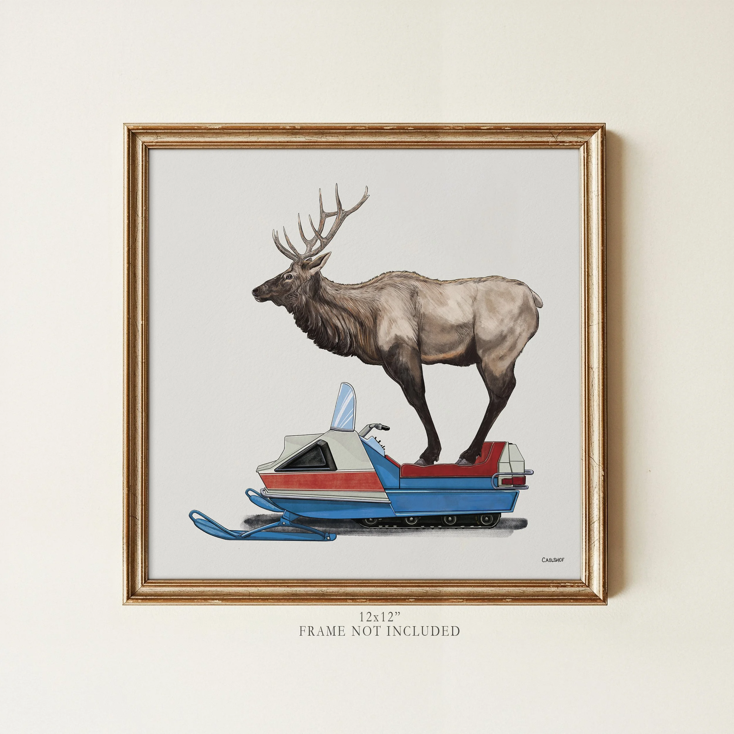 elk_on_snowmobile-12x12-framed.jpg