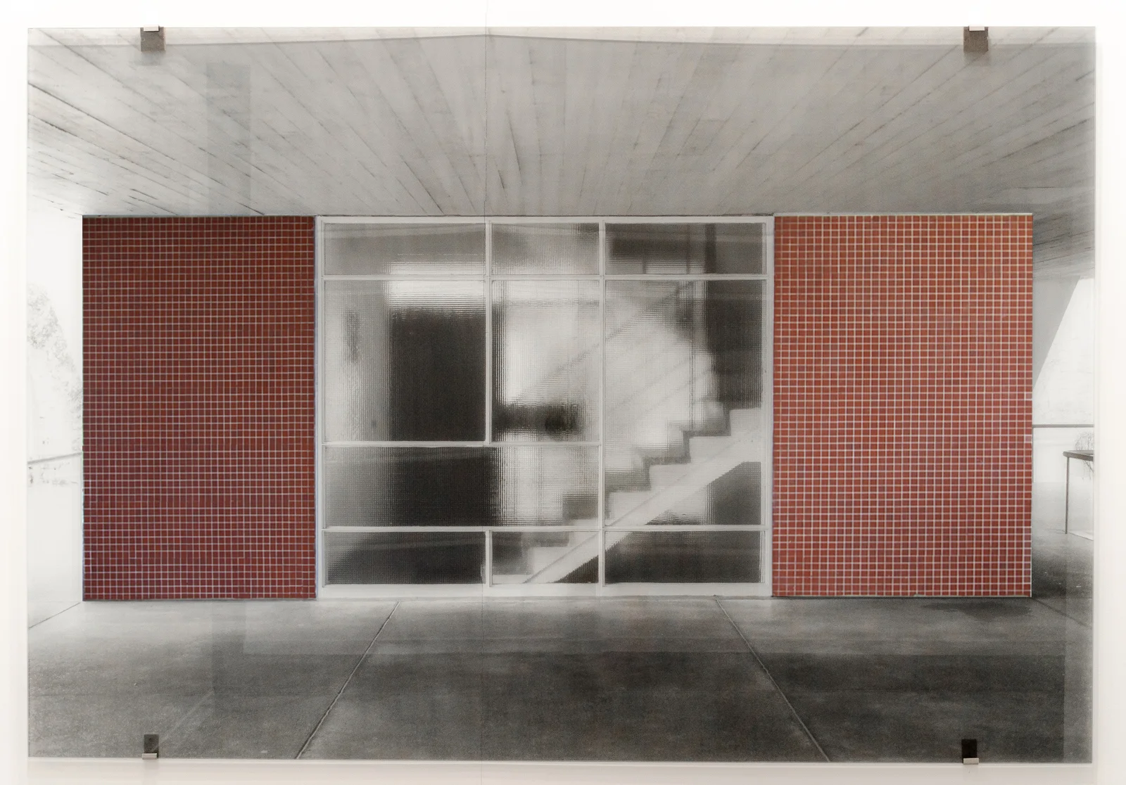 Niemeyer with red tiles , 2017 single panel silkscreen print on glass 59 x 85-7/8 inches 150 x 218 cm Edition of 3