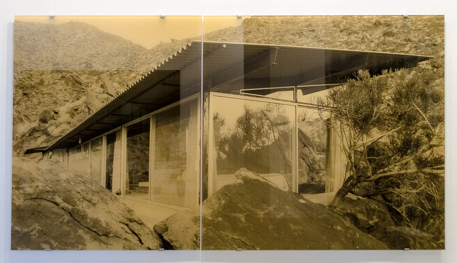 Frey House – view from the corner , 2018 2-panel silkscreen print on glass overall dimensions: 59 x 112-1/4 inches, 150 x 285 cm Edition of 5