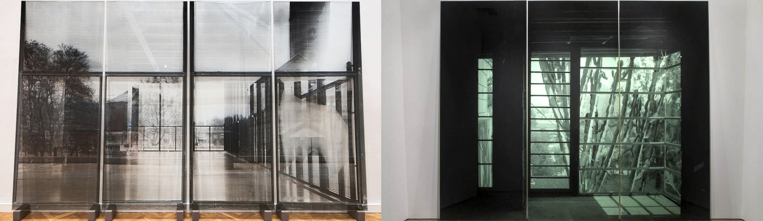 National Gallery, Shortly Before Renovation, 2017, 230 x 380 cm overall (4-panels), transparent silkscreen print on glass, edition of 3 (left), Succulent Screen, 2007 288 x 351.5 cm (overall, 3-panels), silk-screen print on glass, edition of 3 (right)