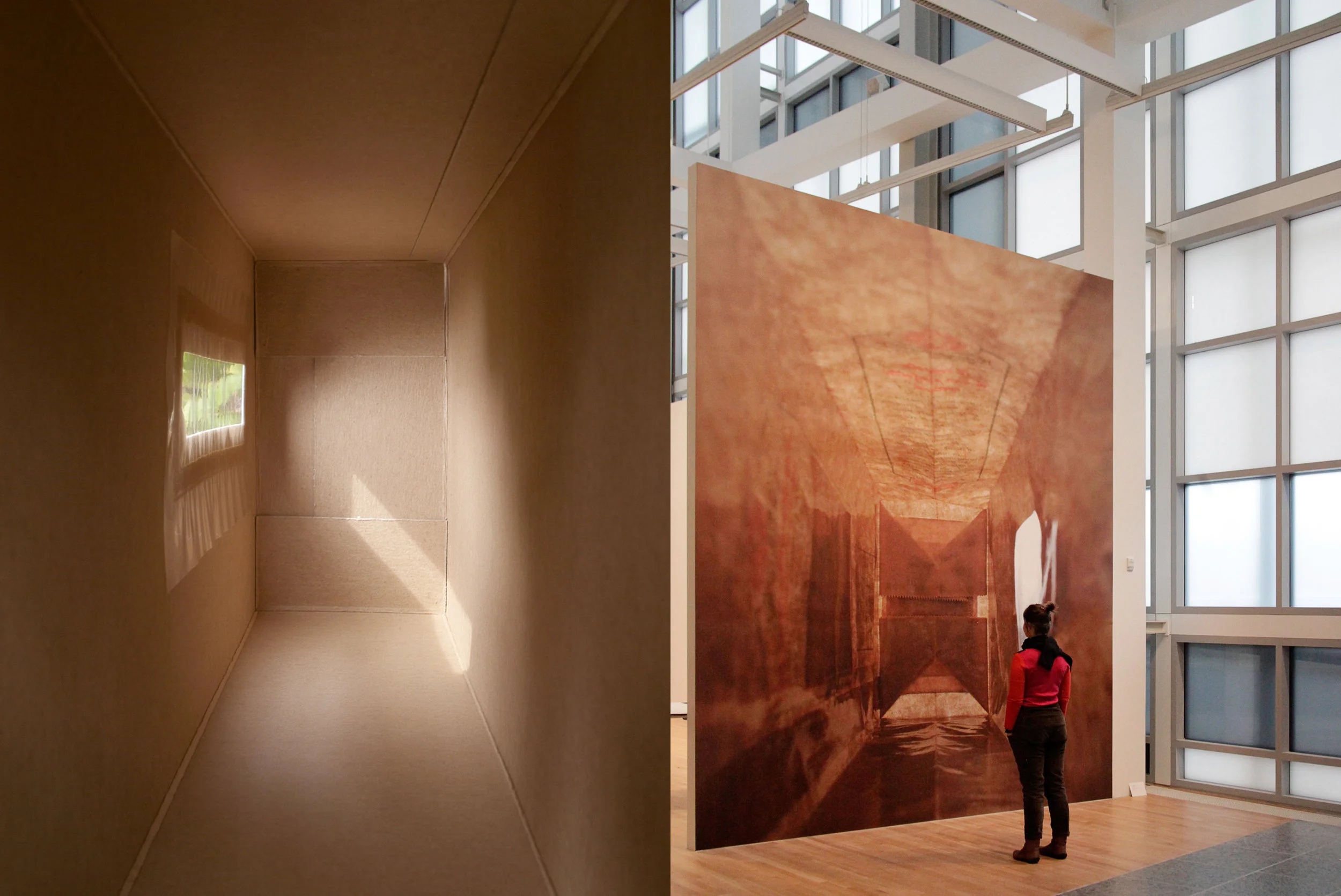 Spaghetti (Siena), 2004, 313.5 x 151 cm, 123-3/8 x 59-1/2 inches, pigment print on cotton paper, UV matte laminate, edition of 6 (left), Installation view, Rusticchella, 2013, Wexner Center for the Arts, Columbus, OH, 2014 180 x 144 inches; 457 x 366 cm (overall, 3-horizontal panels) 60 x 144 inches; 152.5 x 366 cm (each panel), pigment print on cotton paper, UV matte laminate, edition of 6 (right)
