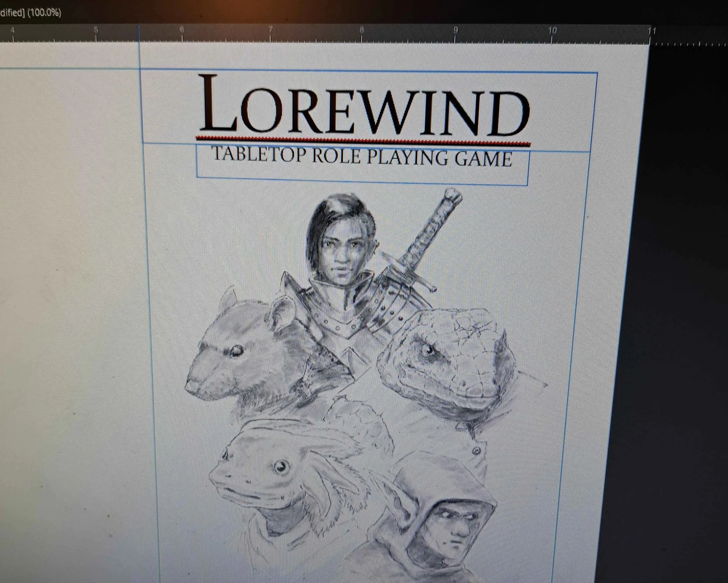 A photo of the cover of the booklet in Affinity Publisher. The cover depiects two portraits clustered together toward the center of the page. A human, Ratfolk, Lizardfolk, Axolotlfolk and a hooded goblin.