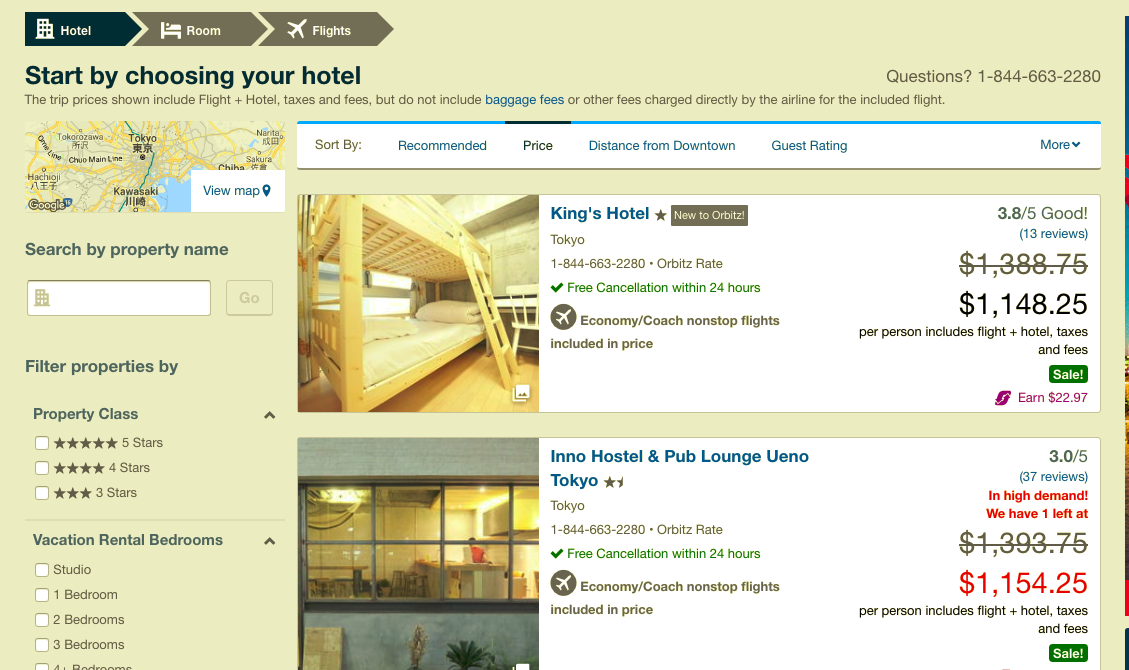 A list of hotels, sorted by price, low to high.