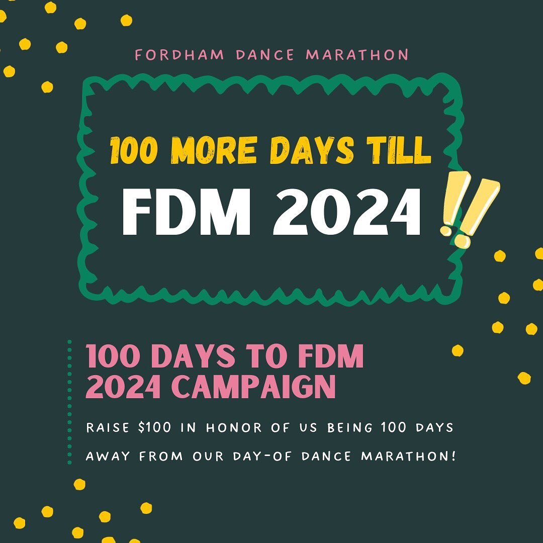 100 DAYS TILL FDM 2024!!!!!!! 

Only 100 days left till the biggest FDM event of the year!! To celebrate we challenge everyone to raise $100. Be sure to send out those emails and texts for the kids! 
🕺🪩💛🐏