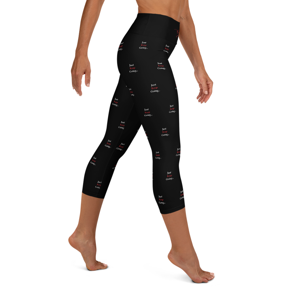 LLG Quote: Just Keep Going....Black. Women's All-Over Print Yoga Capri  Leggings 3 Colors, 3 Styles w. Logo & Signature. 