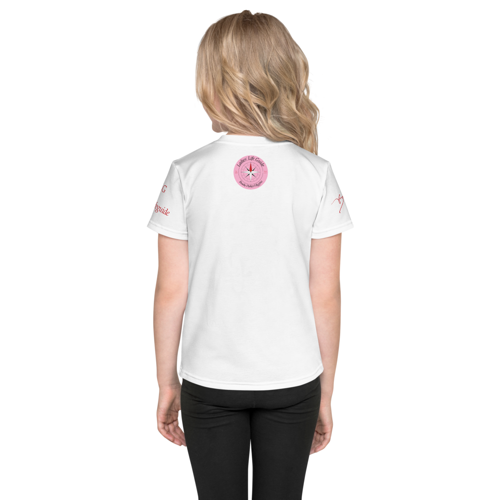 LLG Motto: Little Lady in Training. White or Black All-Over Print Girls  Crew Neck T-Shirt w. Logo, IG handle and Hashtag. — Ladies' Life Guide