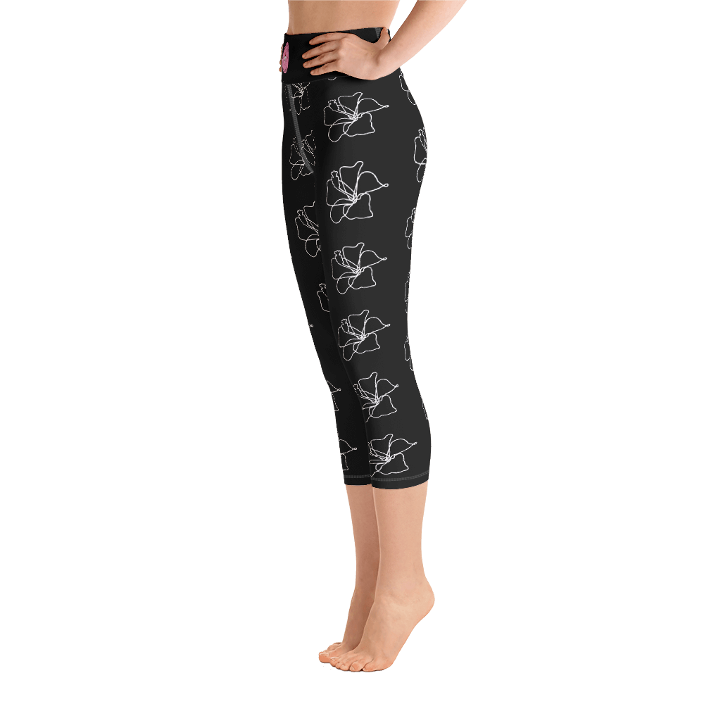 LLG Motto: ART. White Lotus Flower. Black All-Over Print Yoga Capri Leggings  w. Signature & Logo — Ladies' Life Guide