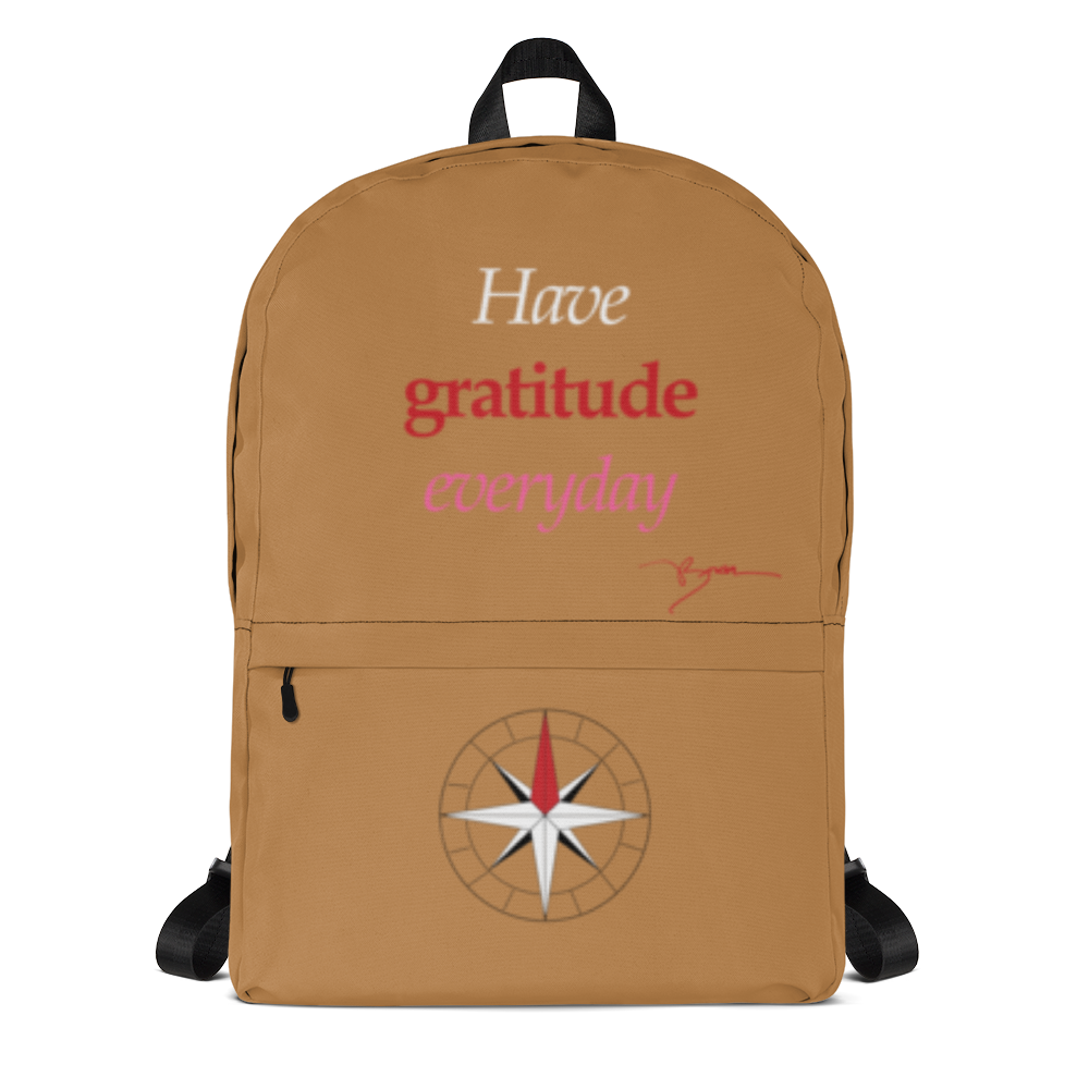 LLG Quote: Have Gratitude Everyday. 4 Gallon All Over Tan and Black Backpack w. Signature & Logo.
