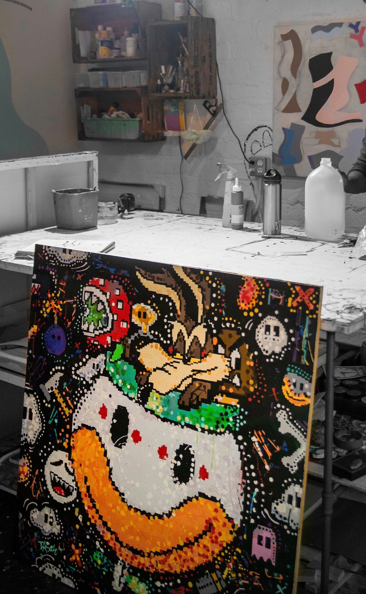 Made with a flat edge brush to achive the pixel technique juxtaposed with typography, and a drop color outline that further carries the images with rhythmatic movment.