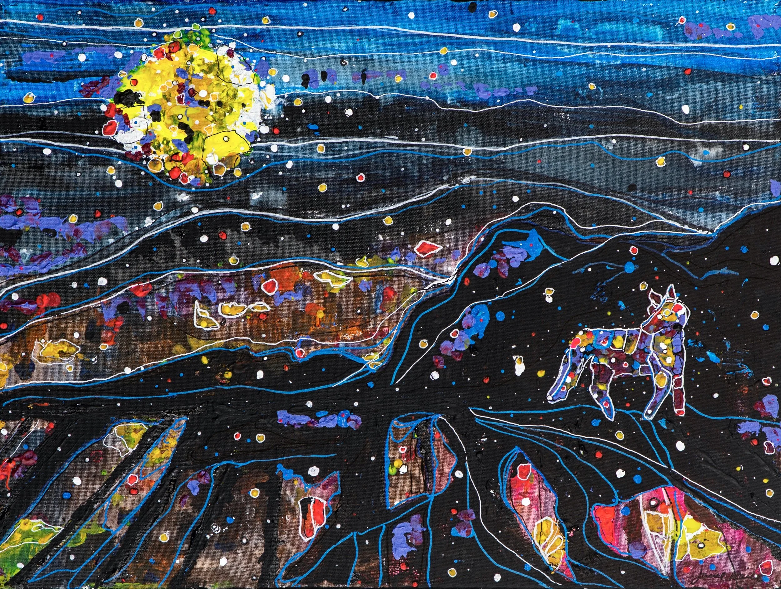 A desert landscape and animal painting hidden in a contrast of colors with a mountain backdrop