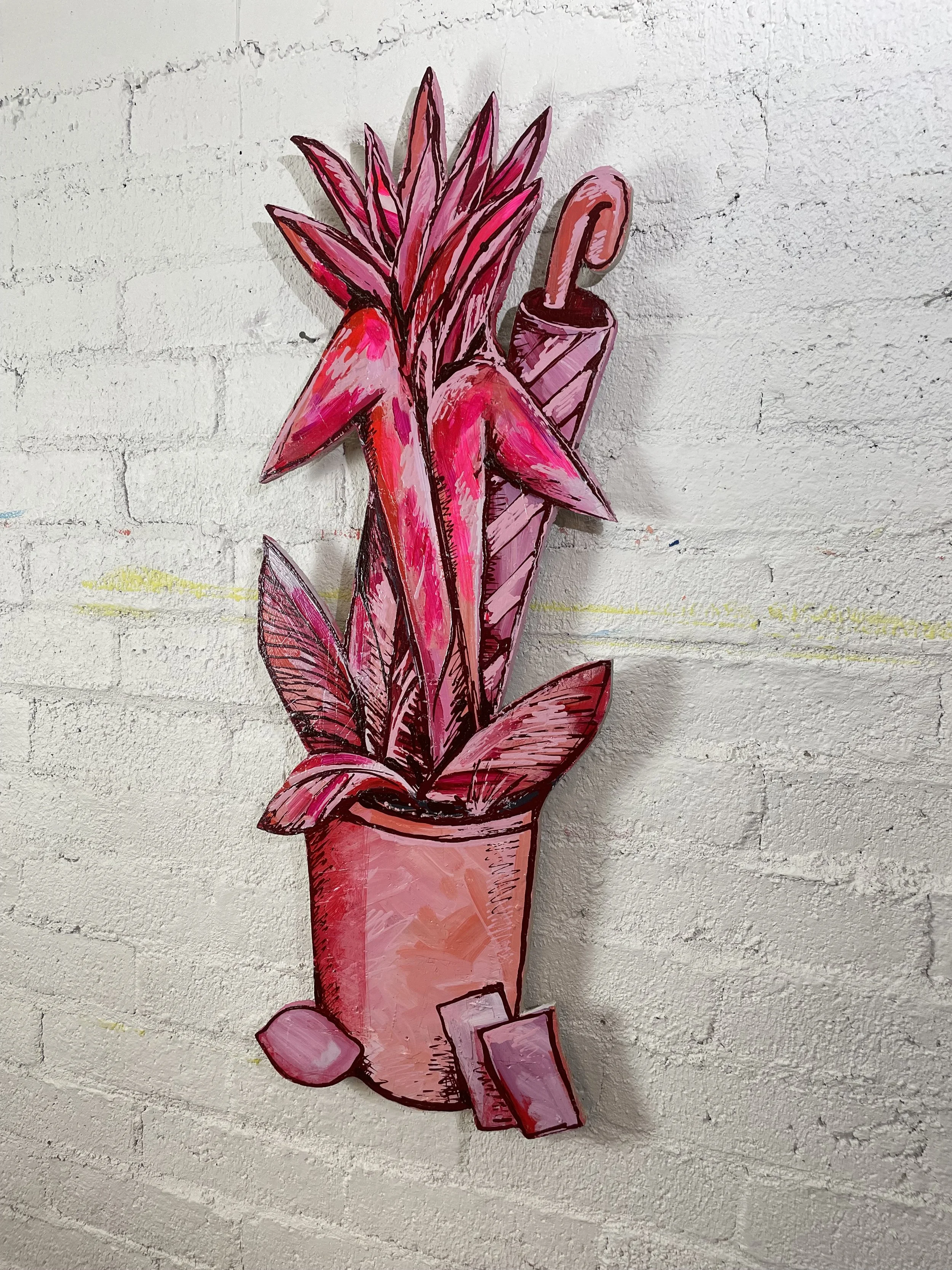Artwork made from hand-cut wood painted in monochromatic colors of red and white tones. The finished art is coated in U.V resin and ready to hang