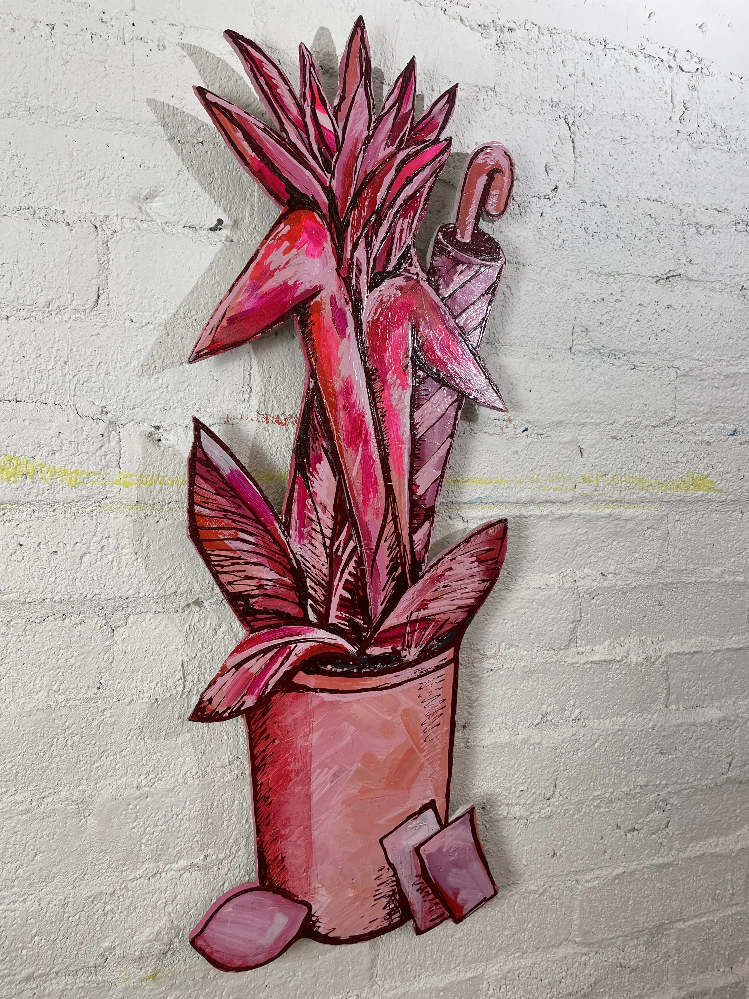 Artwork made from hand-cut wood painted in monochromatic colors of red and white tones. The finished art is coated in U.V resin and ready to hang