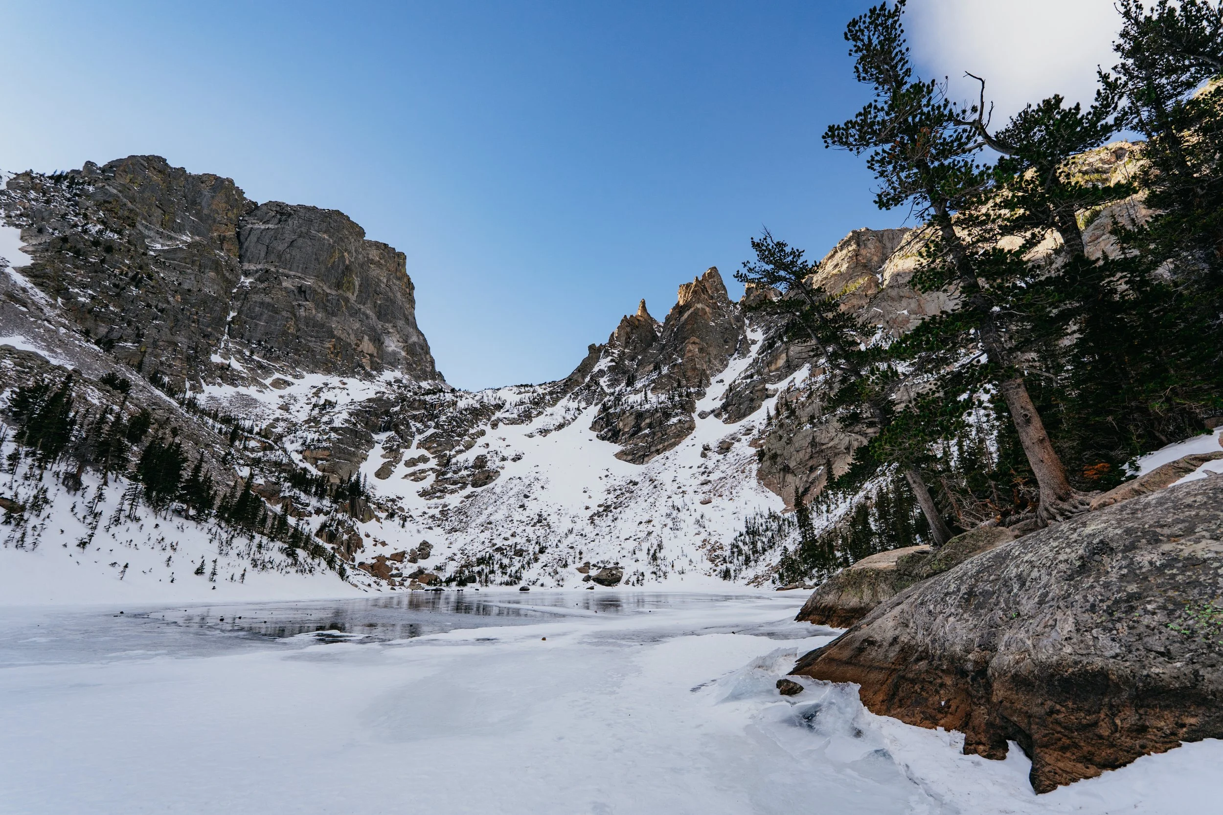 Emerald lake covered in snow and ice in Rocky mountain national park colorado
