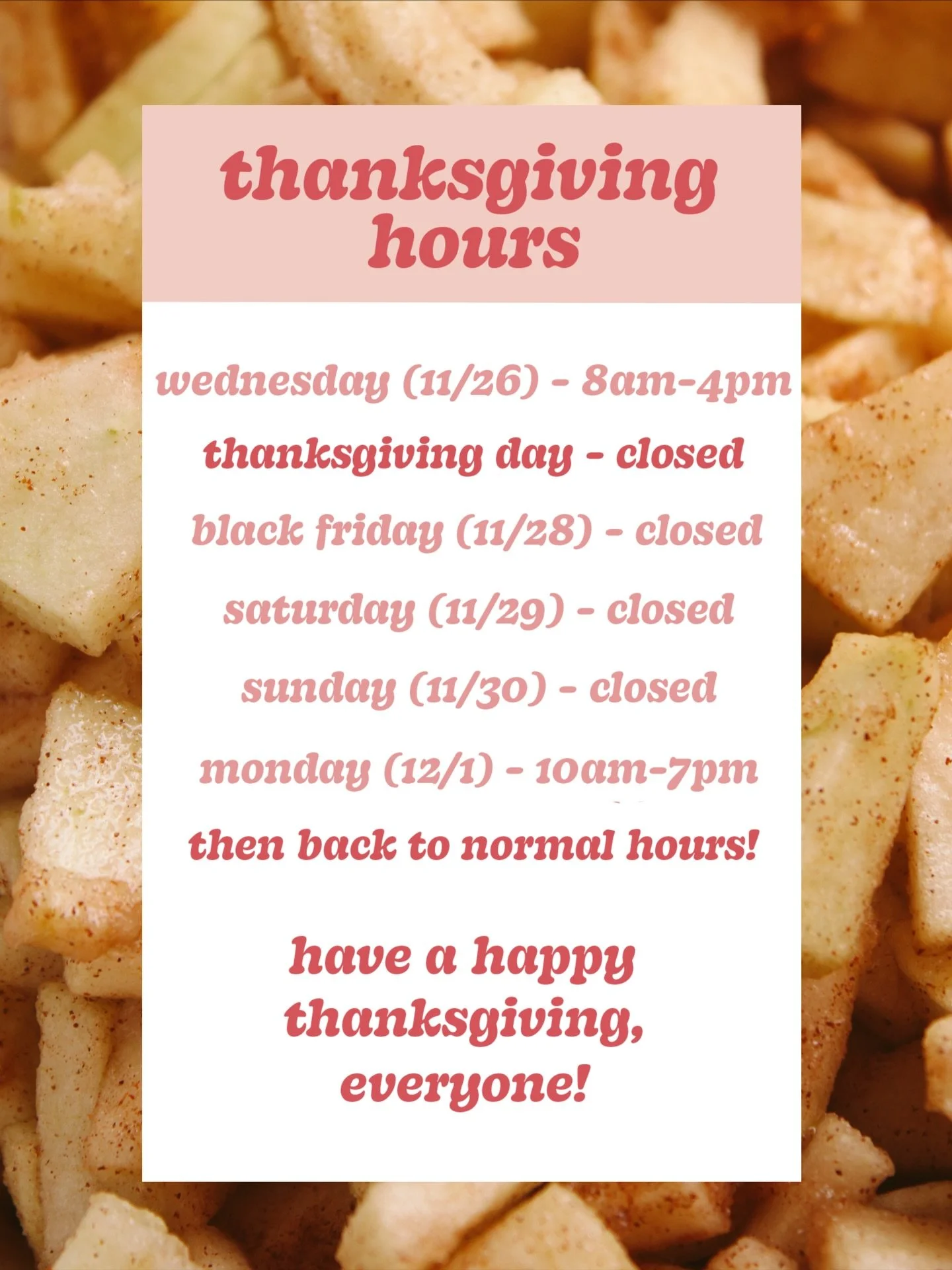 Here&rsquo;s our Thanksgiving week hours for the bakery &amp; the party shop, folks! We hope you will stop by this week before we close to grab a pie or some sweet treats for your Thanksgiving get-togethers!! See ya soon 😉✨🦃🥧🫶