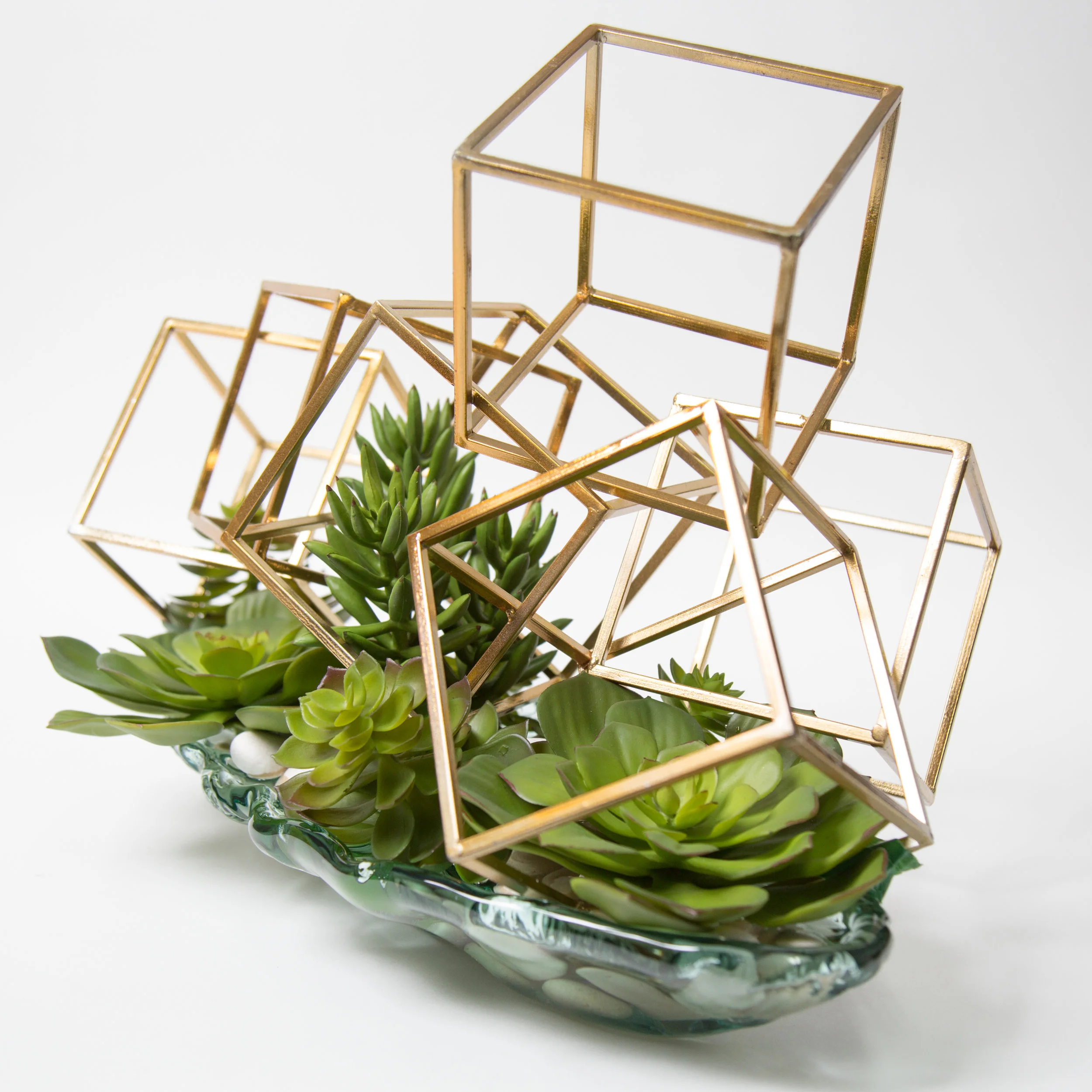 AC-SA011 METAL AND GLASS SCULPTURE VASE WITH GREEN MIXED SUCCUL