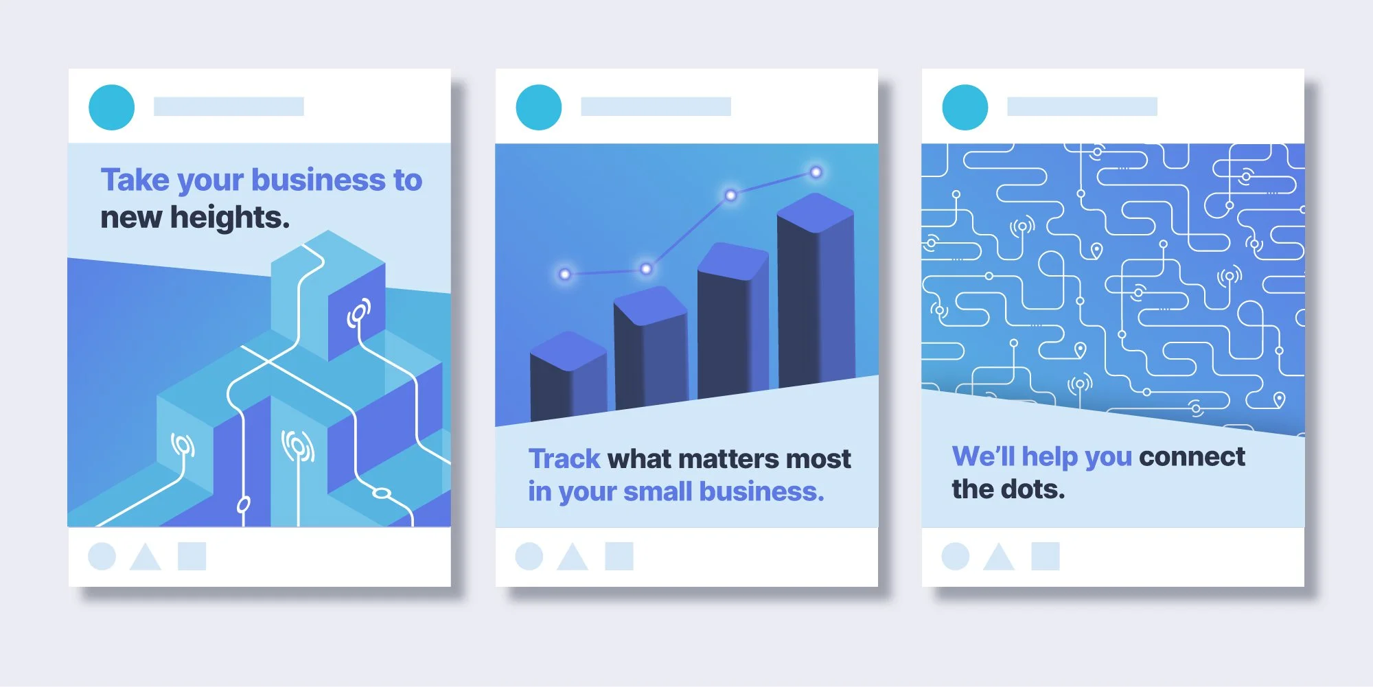  Paid social triptych post-brand-palette refresh for an IoT/Telematics company. 