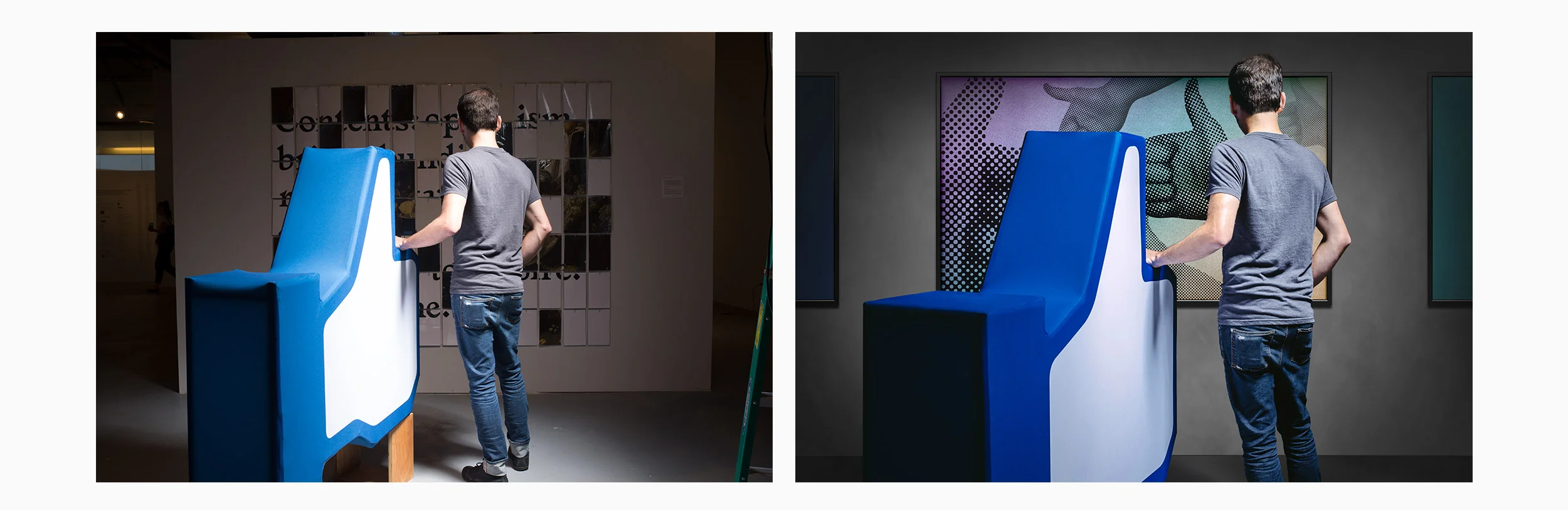 In some cases, very heavy retouching and photo manipulation was required. Look closely at the art gallery wall in this before and after image.