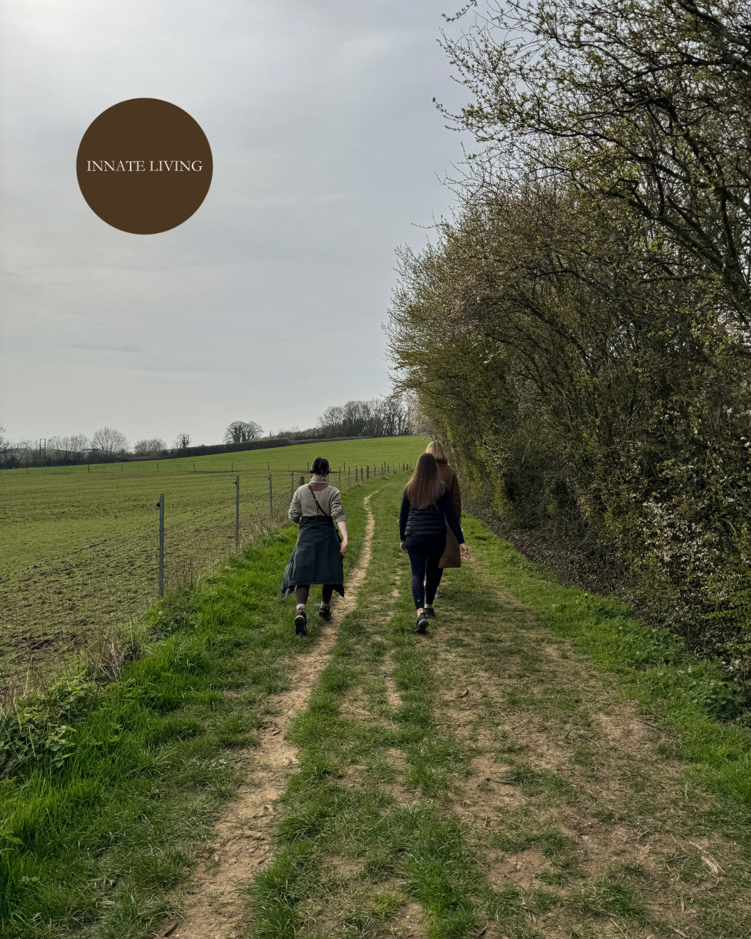 Three women walk along a dirt path in a rural area with fields and trees on a cloudy day.