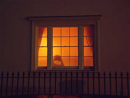 Viewing tungsten lighting from outdoors helps to reveal its true colour, from here it looks bright orange.