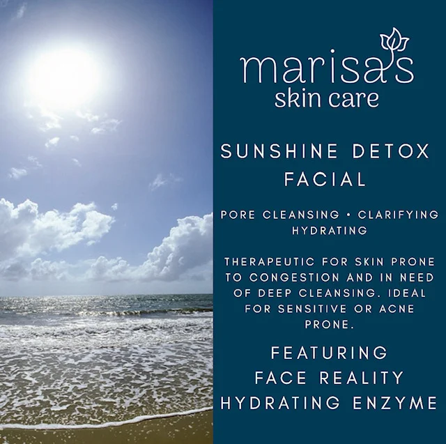 Sunshine Detox Facial ($125) is a deep cleansing and hydrating facial for dehydrated & breakout prone skin types. Dehydrated skin traps sweat, oil, and dirt within pores leaving skin feeling congested, clogged, and textured. Face Reality's Hydrating Enzyme mask provides enzymatic exfoliation before a hydrating or brightening mask combats other burdensome effects of summer on sensitive, acne prone skin.