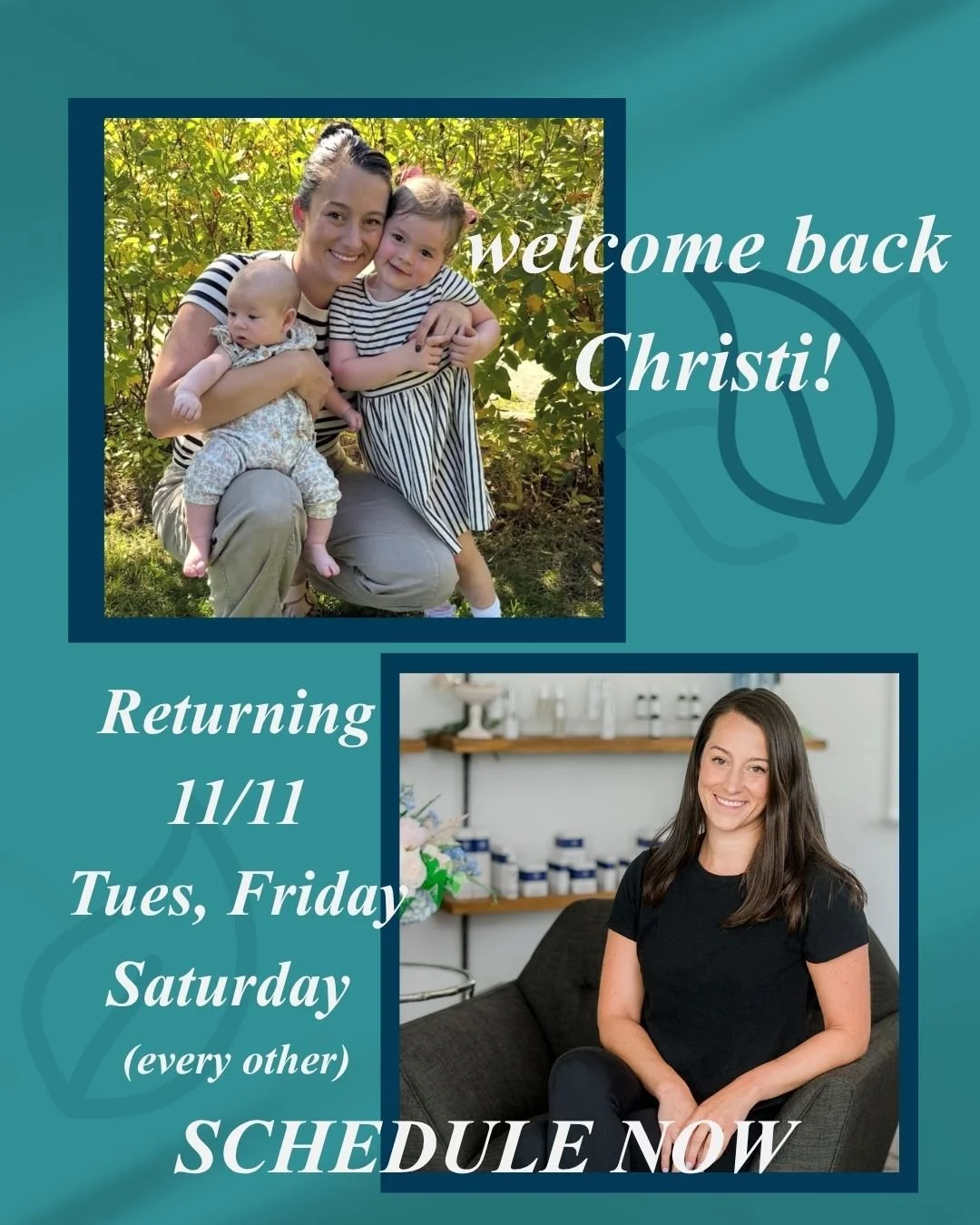 Welcome back, Christi! 💕
Join us in welcoming Christi back from maternity leave &mdash; mom to the sweetest little duo, Josie &amp; Georgia 💕as of November 11
Christi will be available Tuesdays, Friday, and Alternating Saturdays &mdash; book your g