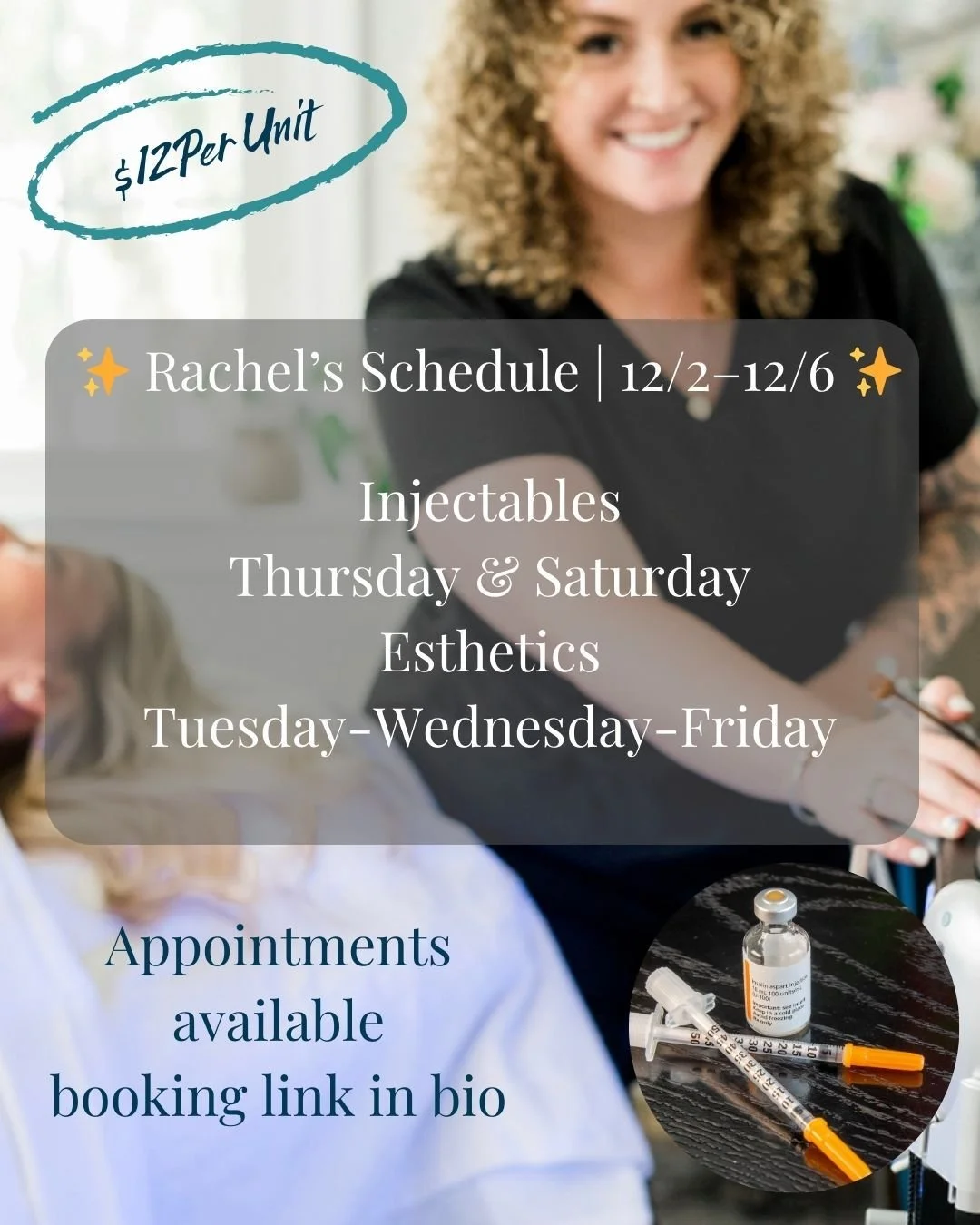 Holiday glow loading&hellip; ✨🎄
Rachel&rsquo;s weekly schedule is LIVE for both
💉 Injectables + ✨ Esthetics &mdash; and yes, we&rsquo;re still offering our
👉 Introductory Special at $12 per unit!

Whether you want a little refresh, smoother skin f