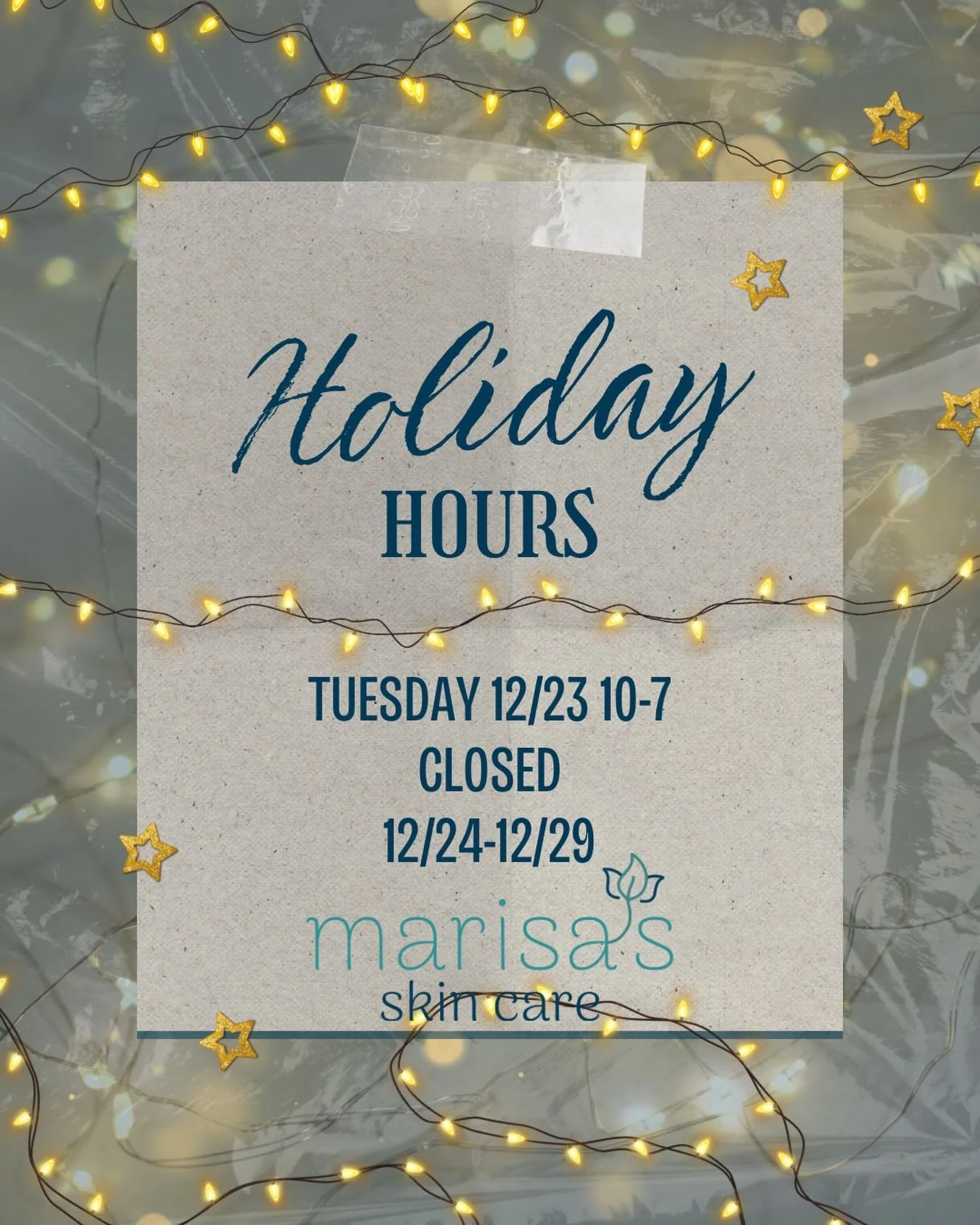 Holiday hours update 🎄✨

We&rsquo;re open Tuesday 12/23 from 10&ndash;7 for last-minute appointments and gift cards 💆&zwj;♀️🎁
We&rsquo;ll then be closed 12/24&ndash;12/28 to soak up some family time.

Don&rsquo;t forget&mdash;online gift cards are